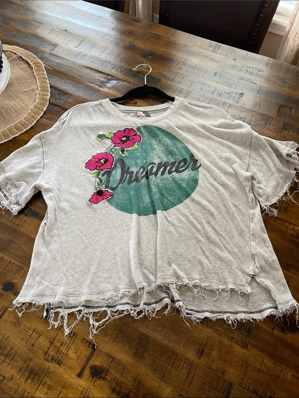 We The Free Light Gray Distressed 'Dreamer' Tee with Pink Floral